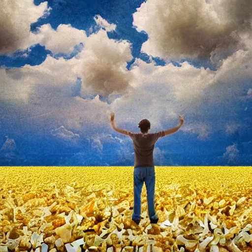 Prompt: man stands on a meadow made of popcorn, fantasy art