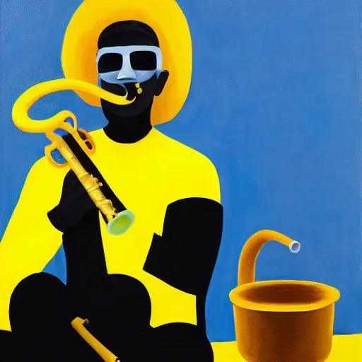 Image similar to man in a yellow costume, yellow hat, holding a saxophone, smoking a cigarette, blue skin, blue smoke, black background, sitting, painting, artwork, meditative