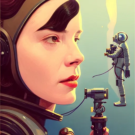 Image similar to A portrait of a girl wearing a vintage sci-fi astronaut helmet and holding a blaster, face, intricate, elegant, highly detailed, digital painting, artstation, concept art, smooth, sharp focus, illustration, art by phil noto and rebecca guay and james jean