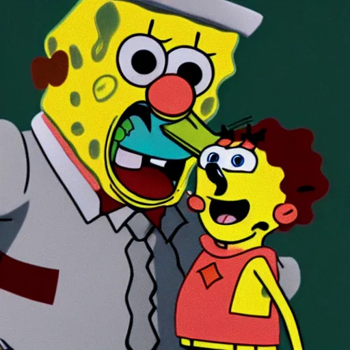 Image similar to spongebob licking a sad child, photorealistic