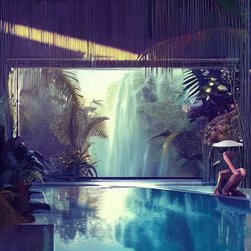 Image similar to waterfall, indoor liminal space, golden light, greg rutkowski, palm trees, pink door, minimalistic, hyperrealistic surrealism, award winning masterpiece with incredible details, epic stunning, infinity pool mirrors, a surreal vaporwave liminal space with mirrors, highly detailed, trending on artstation, artgerm and greg rutkowski and alphonse mucha, daily deviation