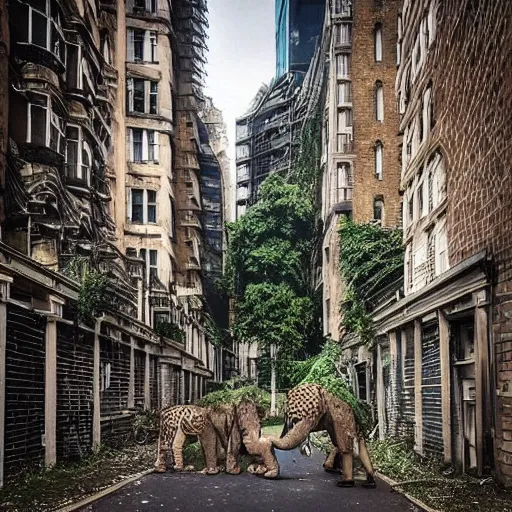 Prompt: “of london 20 years after the apocalypse with vines growing through the buildings and lions elephants and giraffes and other animals walking around”