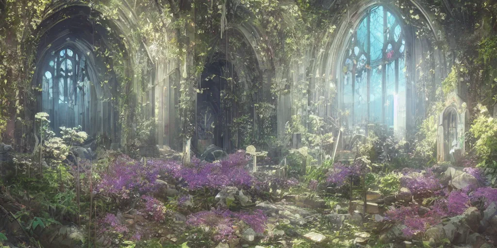 Image similar to anime kyoto animation key by greg rutkowski, violet evergarden in abandoned chapel with overgrown flowers and plants