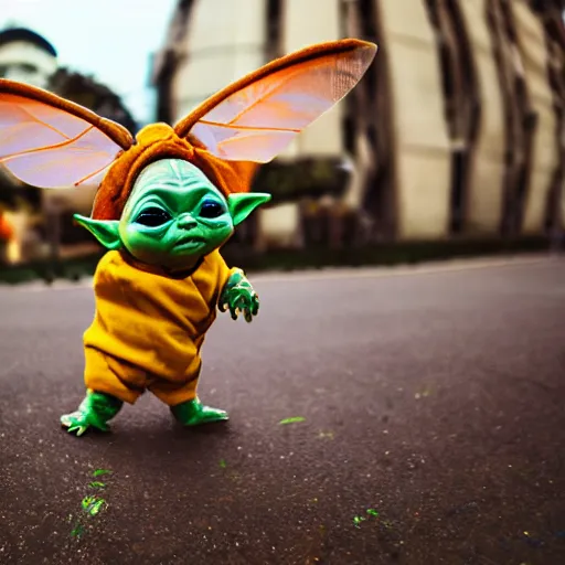 Image similar to baby yoda in a bee costume with antennae and wings flying in epic action pose, 8k selfie photograph