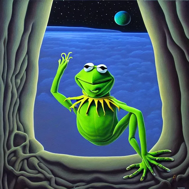 Image similar to an oil on canvas portrait painting of kermit, surrealism, surrealist, cosmic horror, rob gonsalves, high detail