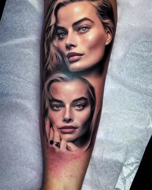 Image similar to creative double exposure effect tattoo design sketch of margot robbie face blended in beautiful mountain scenery, realism tattoo, in the style of matteo pasqualin, amazing detail, sharp