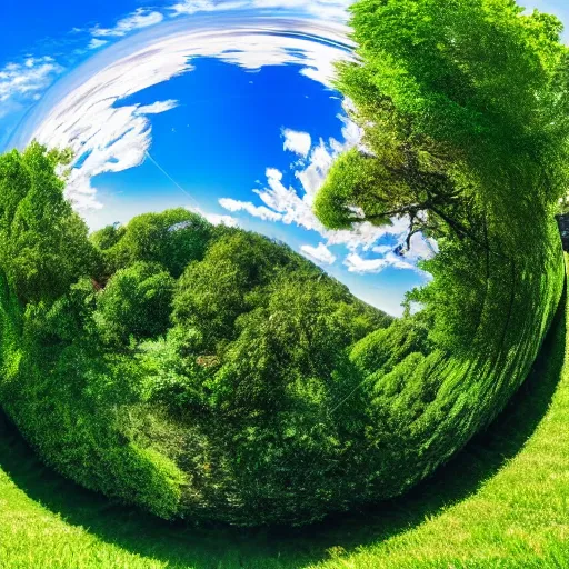 Prompt: Spherical panorama of a green meadow with trees and buildings and blue sky with clouds