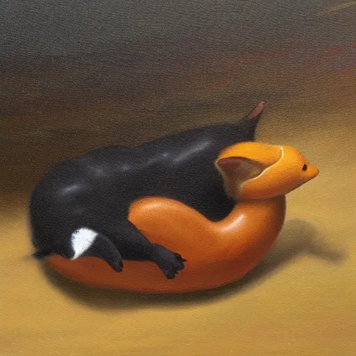 Image similar to cat riding a duck, detailed oil painting