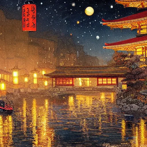 Prompt: view from the river of a beautiful painting of the lantern festival in a town resembling old kyoto and old town prague, at night with a sky full of stars, intricate, elegant, highly detailed, digital painting, artstation, concept art, by krenz cushart and artem demura and alphonse mucha