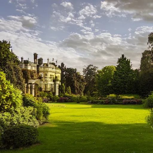 Image similar to landscape photograph of a large victorian palace with gardens. Detailed