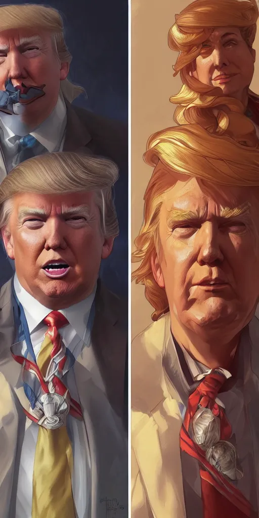 Image similar to portrait of before and after donald trump losing weight, highly detailed, digital painting, artstation, concept art, sharp focus, illustration, art by artgerm and greg rutkowski and alphonse mucha