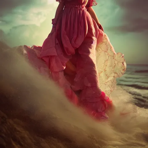 Prompt: a realistic wonderful lady dressed with a large and decorate majestic roses cotton dress that is coming out from a ocean, dramatic light, octane--8k