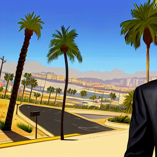 Image similar to george clooney in gta v. los santos in background, palm trees in the art style of stephen bliss