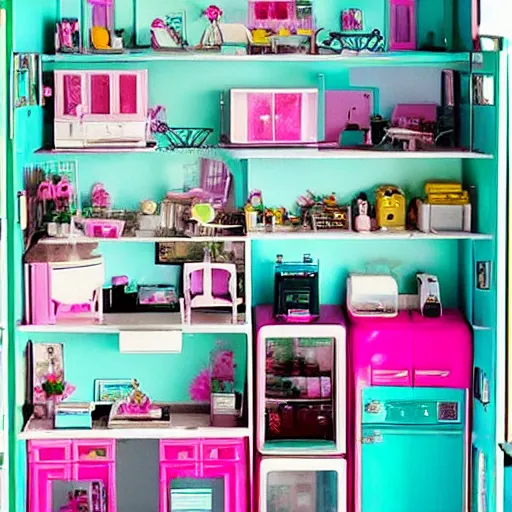 Image similar to “Barbie dream house but it’s all cluttered because Barbie became a hoarder”