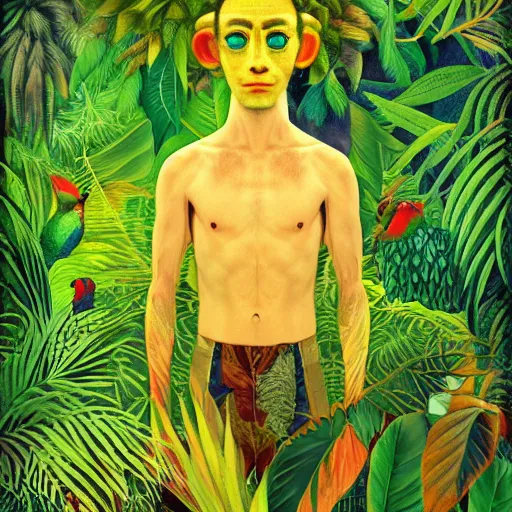 Image similar to mystical folk birdhuman character on a tropical forest, realistic proportions, glitch art, poster art, in the style of henri rousseau and pablo amaringo