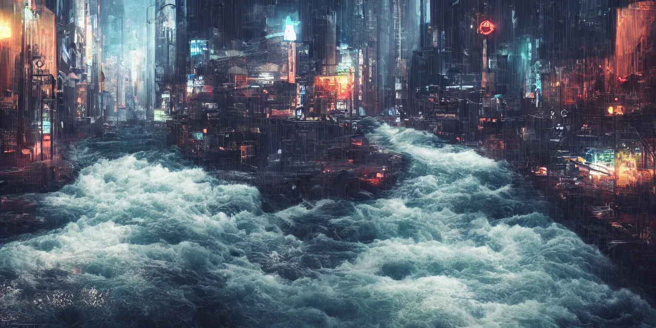 Image similar to street level view of turbulent river rapids rushing through a city at night , volumetric lighting, rain, 4k, octane, digital painting, artstation, concept art, sharp focus, illustration, high contrast, high saturation , cinematic film still,