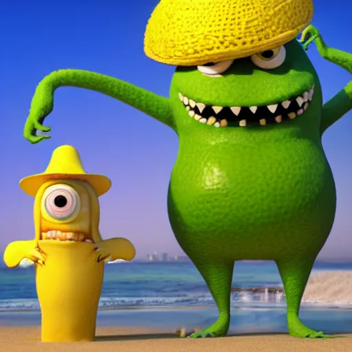 Image similar to 3 d render, of anthropomorphic lemon character that looks like a monster from the movie monsters inc, with lemon skin texture, he is wearing a hat, building a sandcastle on the beach at sunset, beach, huge waves, sun, clouds, long violet and green trees, rim light, cinematic photography, professional, sand, sandcastle, volumetric lightening