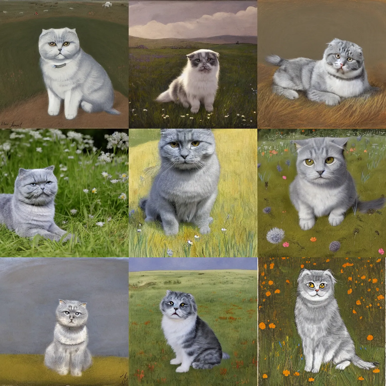 Prompt: a gray scottish fold sitting in the middle of sunny meadow, by floris jespers