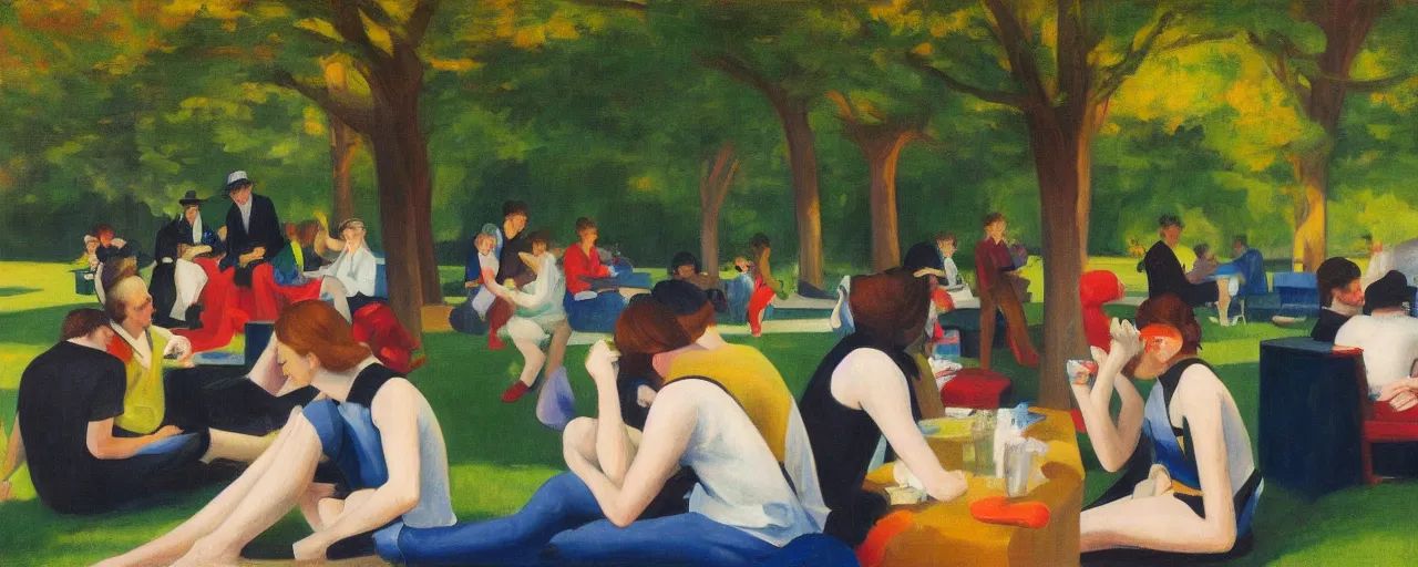 Image similar to an edward hopper style painting of a young generation z group of friends drinking in a park on sundah