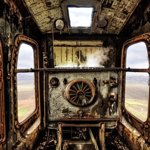 Prompt: the inside of an abandoned steam engine train