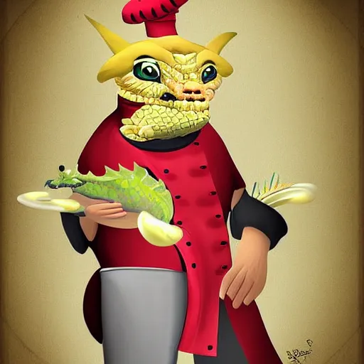 Image similar to dragon in chef's attire, digital painting