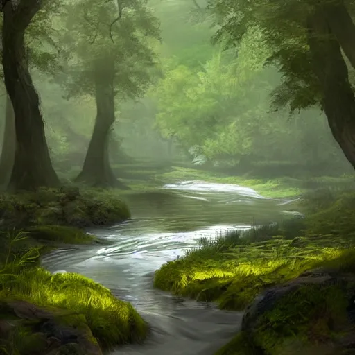 Prompt: a winding river through a dense forest, sunlight filtering through the leaves, trending on artstation