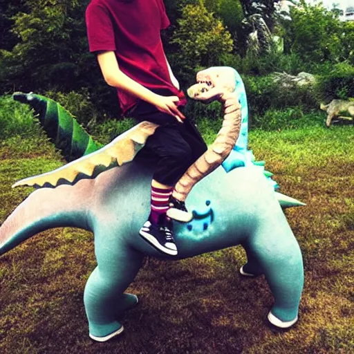 Prompt: an old photograph of taddl ( tj _ beastboy ) riding a dinosaur