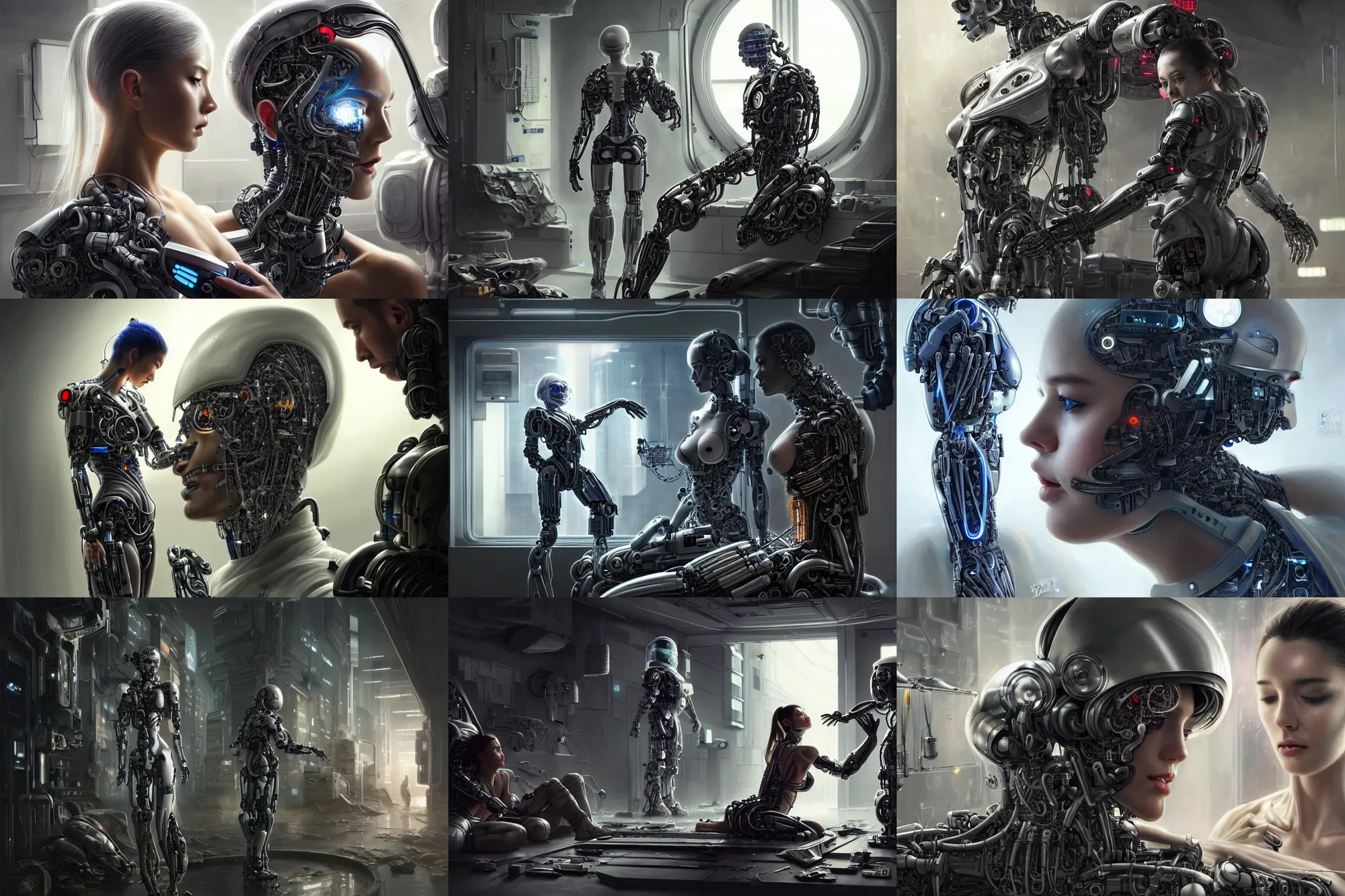Image similar to Ultra realistic illustration, beautiful alluring damaged cyborg being put back together in an super advanced military medical bay, while a beautiful alluring astronaut soldier looks on, cyberpunk, sci-fi, fantasy, intricate, elegant, highly detailed, digital painting, artstation, concept art, smooth, sharp focus, illustration, art by Yintion J - Jiang Geping and artgerm and greg rutkowski and alphonse mucha