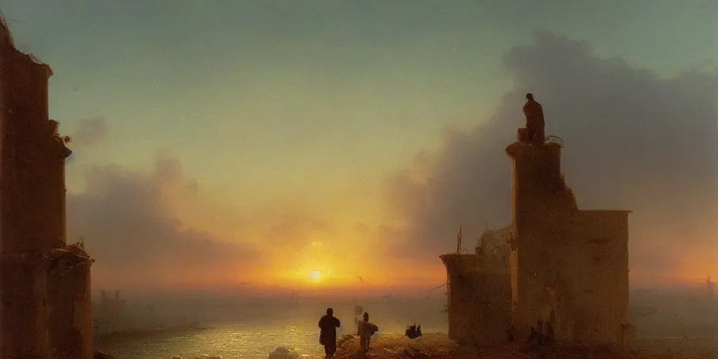 Prompt: The last man on Earth looks out across a ruined city at sunset, oil painting by Ivan Aivazovsky