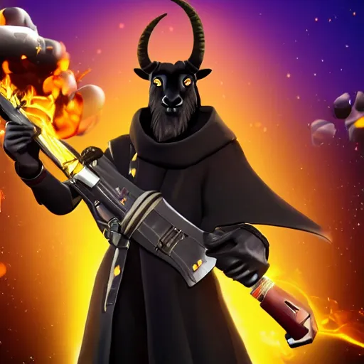 Image similar to an anthropomorphic black goat wizard in fortnite, black wizard robes, holding a gun