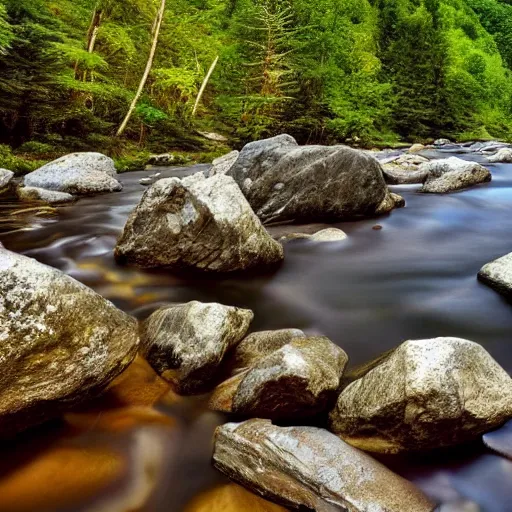 Image similar to a beautiful landscape, river, rocks, trees, intricate, elegant, highly detailed