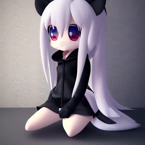 Prompt: cute fumo plush of a ponygirl in a hoodie, anime girl, anime ears, chibi, black and white, vray