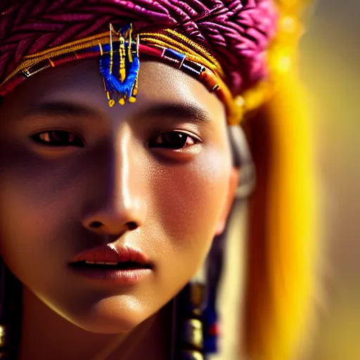 Prompt: portrait of a stunningly beautiful and alluring nepalese tribal female, depth of field, zeiss lens, detailed, symmetrical, centered, fashion photoshoot, by annie leibovitz and steve mccurry, david lazar, jimmy nelsson, breathtaking, 8 k resolution, extremely detailed, beautiful, establishing shot, artistic, hyperrealistic, beautiful face, octane render