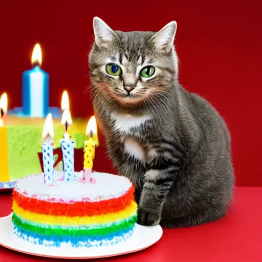 Prompt: photo of a cat celebrating his birthday with a cake. highly - detailed, award - winning