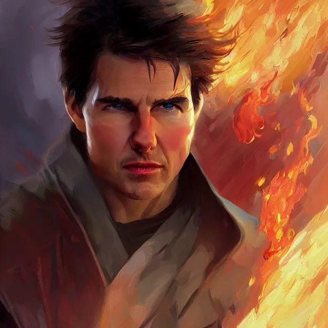 Prompt: Tom Cruise as a firebender, portrait, elegant, intricate, digital painting, artstation, concept art, smooth, sharp focus, illustration, art by konstantin korovin and Daniel F. Gerhartz and john howe