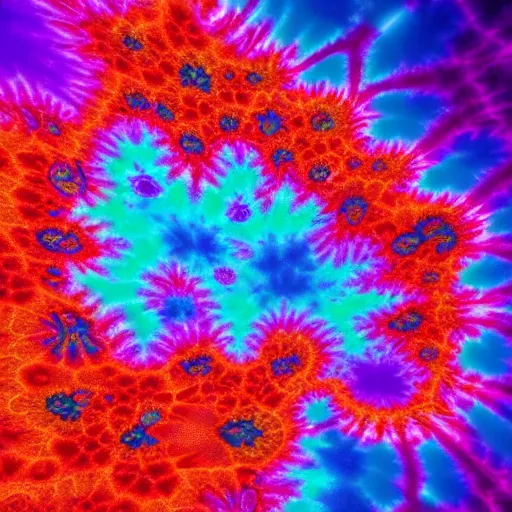 Image similar to a hyperrealistic 3D render of tie dyed Mandelbrot fractals, 8k, 4K, glowing, dramatic lighting, volumetric lighting, octane render,