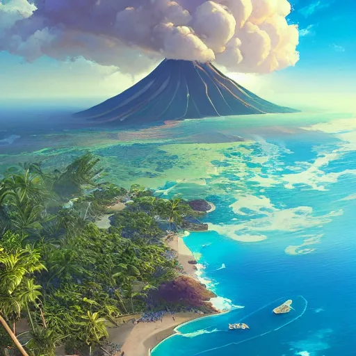 Image similar to a painting a breathtaking aerial view of Hawaiian islands with Pirates, surrounded by palm trees, clouds, flowers, volcano, azure ocean, sunlight glistening, glow, , a detailed matte painting by sylvain sarrailh, Stephan Martinière, by RHADS, Makoto Shinkai, bokeh, Artstation contest winner, fantasy art, concept art, #vfxfriday