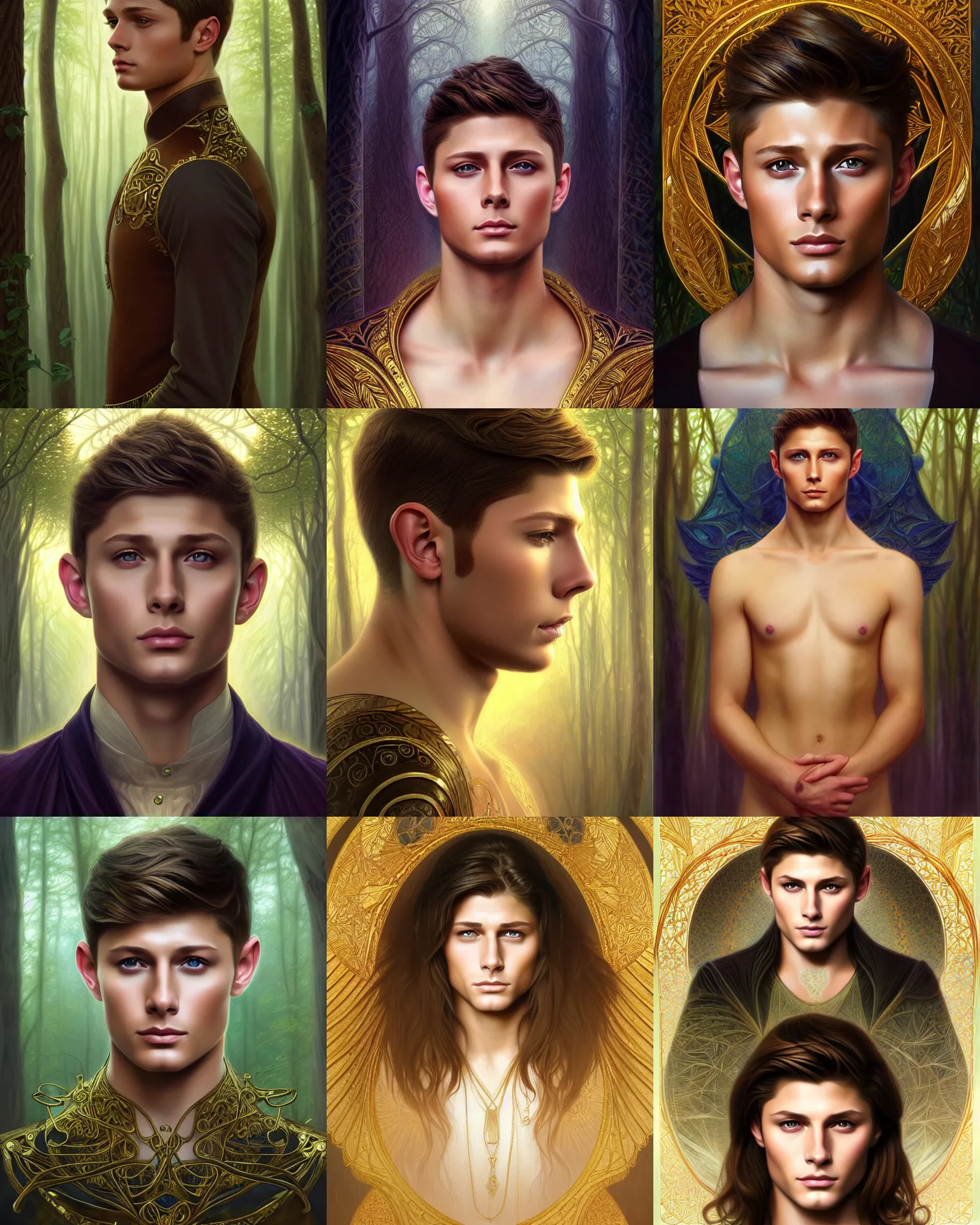 Prompt: symmetry portrait of brunette magical prince, teenage jensen ackles, renaissance, golden eyes, glass skin, forest background, intricate, elegant, highly detailed, digital painting, artstation, concept art, smooth, sharp focus, illustration, art by artgerm and greg rutkowski and fra angelico and alphons mucha