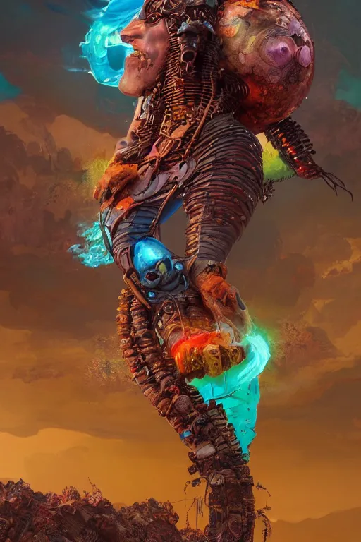 Image similar to art by andrew chiampo, frederik heyman and jonathan zawada, a highly detailed digital art rendering and concept design of a postapocalyptic raider entwined in popping colorful fluids, fantasy, hyperrealism, 4 k, volumetric lighting, three dimensions, a digitally altered world, user interface design, 3 d modeling, illustration, and transportation design