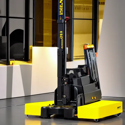 Image similar to a photo of an exhibition of a pure gold pallet truck, in a modern museum, spot lights on the pallet truck, black background.