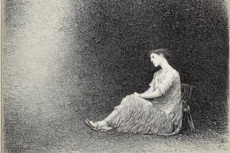 Image similar to black and white, young french woman sitting in the park at midnight, Gustave Dore lithography