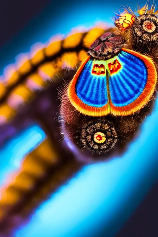 Image similar to high quality close-up photo art deco puss moth caterpillar! gorgeous highly detailed hannah yata elson peter cinematic blue lighting high quality low angle hd 8k sharp shallow depth of field