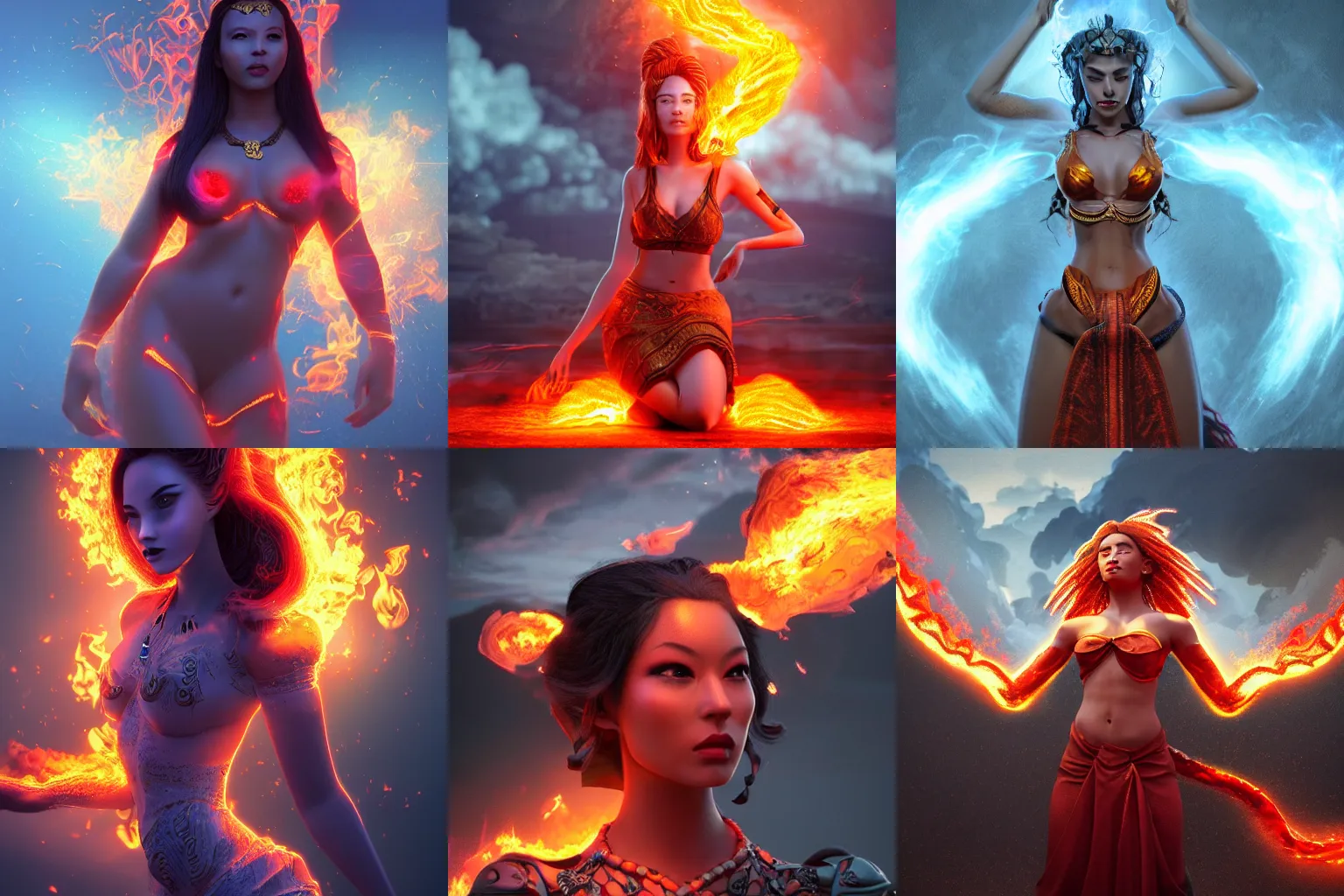 Prompt: a very beautiful female lava and fire goddess character, character is in all its glory, character is in her natural relaxed pose,dramatic lighting, rim lights, particles and air smoke in the air, fancy clouds, highly detailed professional photo, dynamic lights, particles are flying, depth of field, trending on artstation, illustration, hyper realistic, vray caustics, super detailed, colorful accents, cinematic shot
