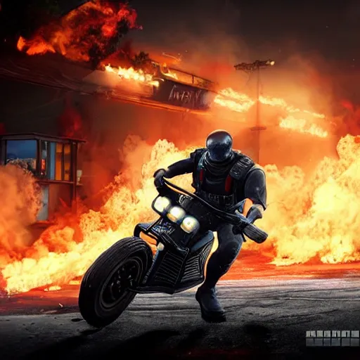 Image similar to Montagne from Rainbow Six Siege riding a bike leaving behind a trail of flames and explosions