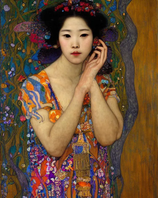 Prompt: a beautiful asian girl in a colourful dress with surrounded by colourful patterns, by gustave klimt and edgar maxence and caravaggio and michael whelan, artistic, intricate drawing, light brazen, realistic fantasy, extremely detailed and beautiful aesthetic face, 8 k resolution, dramatic lighting
