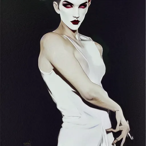 Image similar to beautiful portrait of androgynous ruby rose as desire from sandman in a white tuxedo!!!, rockabilly style,, by alphonse mucha, by jeremy mann, by peter lindbergh, dave mckean, by frank moth, by cedric peyravernay, white suit and black tie, soft lightning, high detailed, 8 k