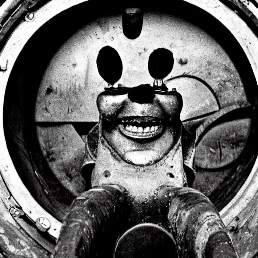 Image similar to clown peeking head out of artillery barrel