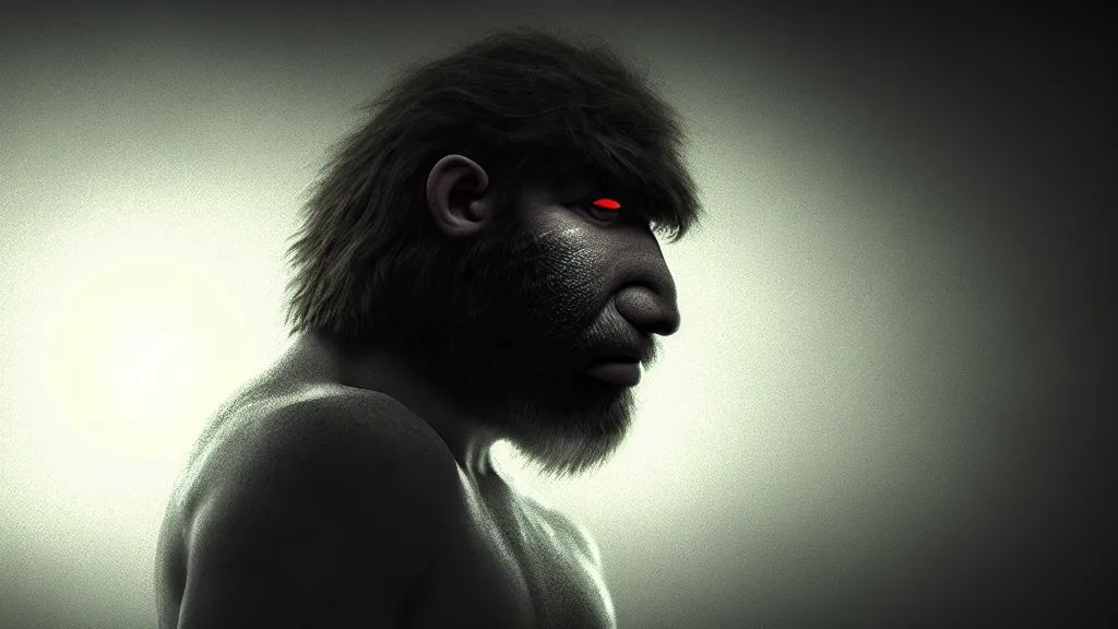 Prompt: portrait of a neanderthal man with a glowing dot above his head, fog, volumetric lighting, mystique, atmospheric, sharp focus, ultra detailed, noir art house, 4 k, cinematic, 3 5 mm