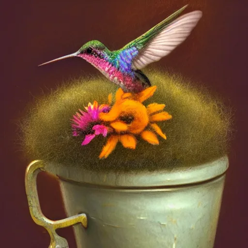 Image similar to long shot of a very fluffy hummingbird chick nesting in a floral cup, esao andrews, by m. w. kaluta, humorous illustration, hyperrealistic, tilt shift, warm colors, night scenery, low light, 3 d octane render, 4 k, volumetric lights, smooth, cosy atmosphere, conceptart, hyperdetailed, trending on deviantart