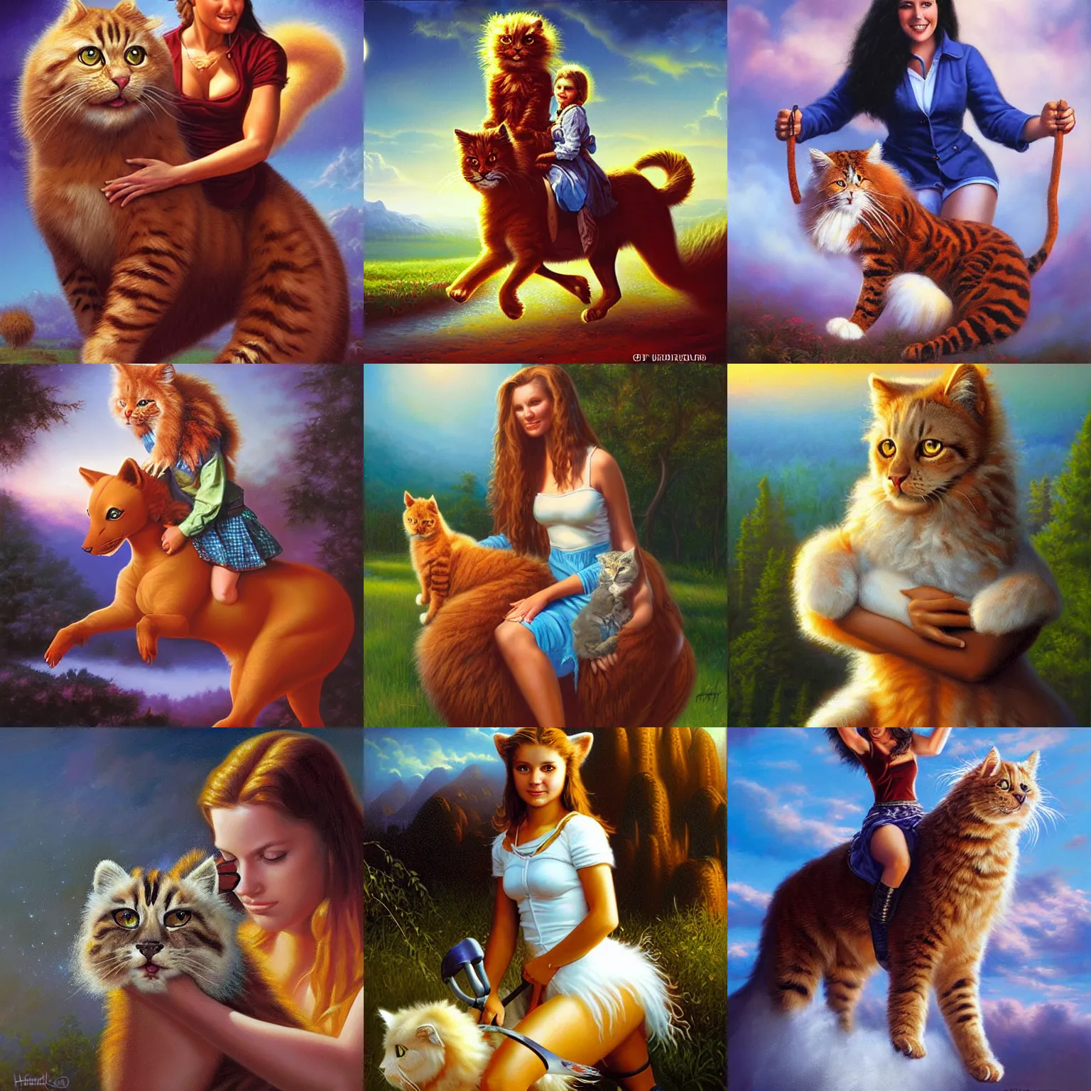 Prompt: classy young girl riding an epic looking fuzzy cat, Greg Hildebrandt, Mark Keathley